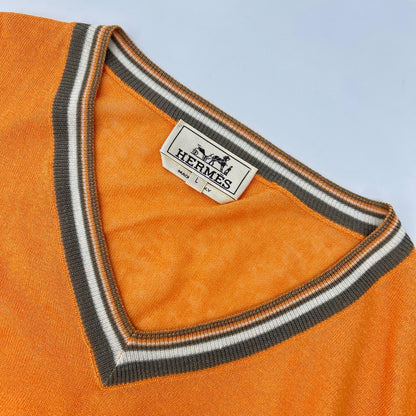 HERMES Orange Linen Silk V-Neck Tilden Knit Size L