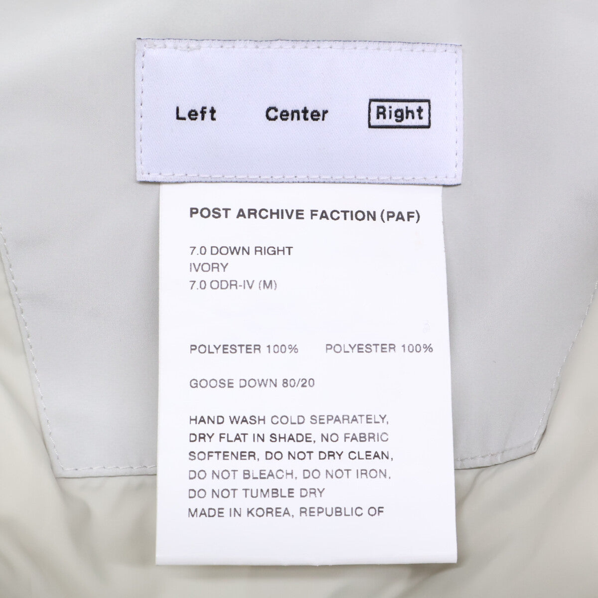 POST ARCHIVE FACTION 7.0 Down Right Jacket Ivory Size M