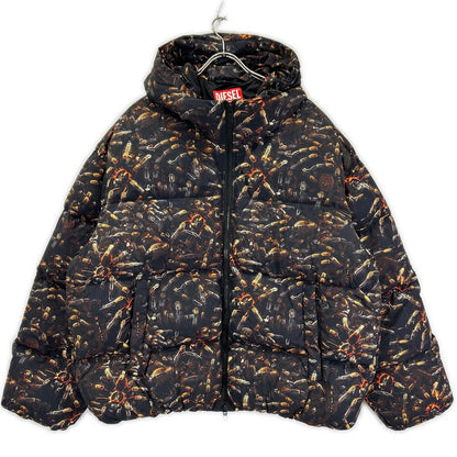 DIESEL A18760 Printed Hooded Padded Jacket Black Size 52