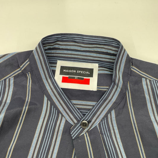 MAISON SPECIAL Silk Blend Stripe Band Shirt Navy Size 01
