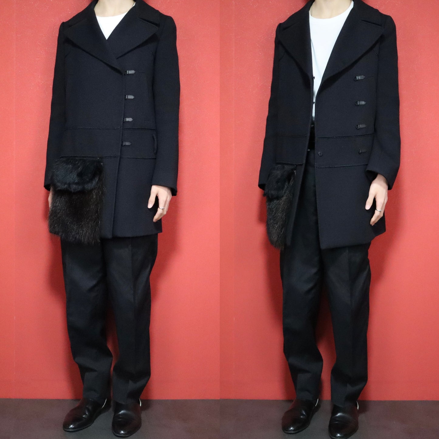 Prada 06AW Asymmetrical Raccoon Fur Pocket Wool Coat Size 40