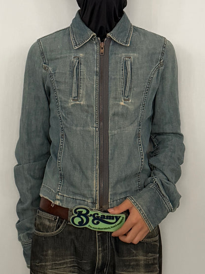 DKNY Cropped Shirred Cotton Jacket Blue Size 4