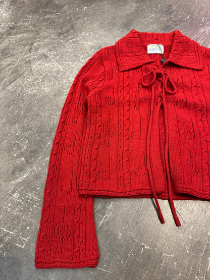 YOUTH BATH Red Lace Up Shawl Collar Cardigan Size S