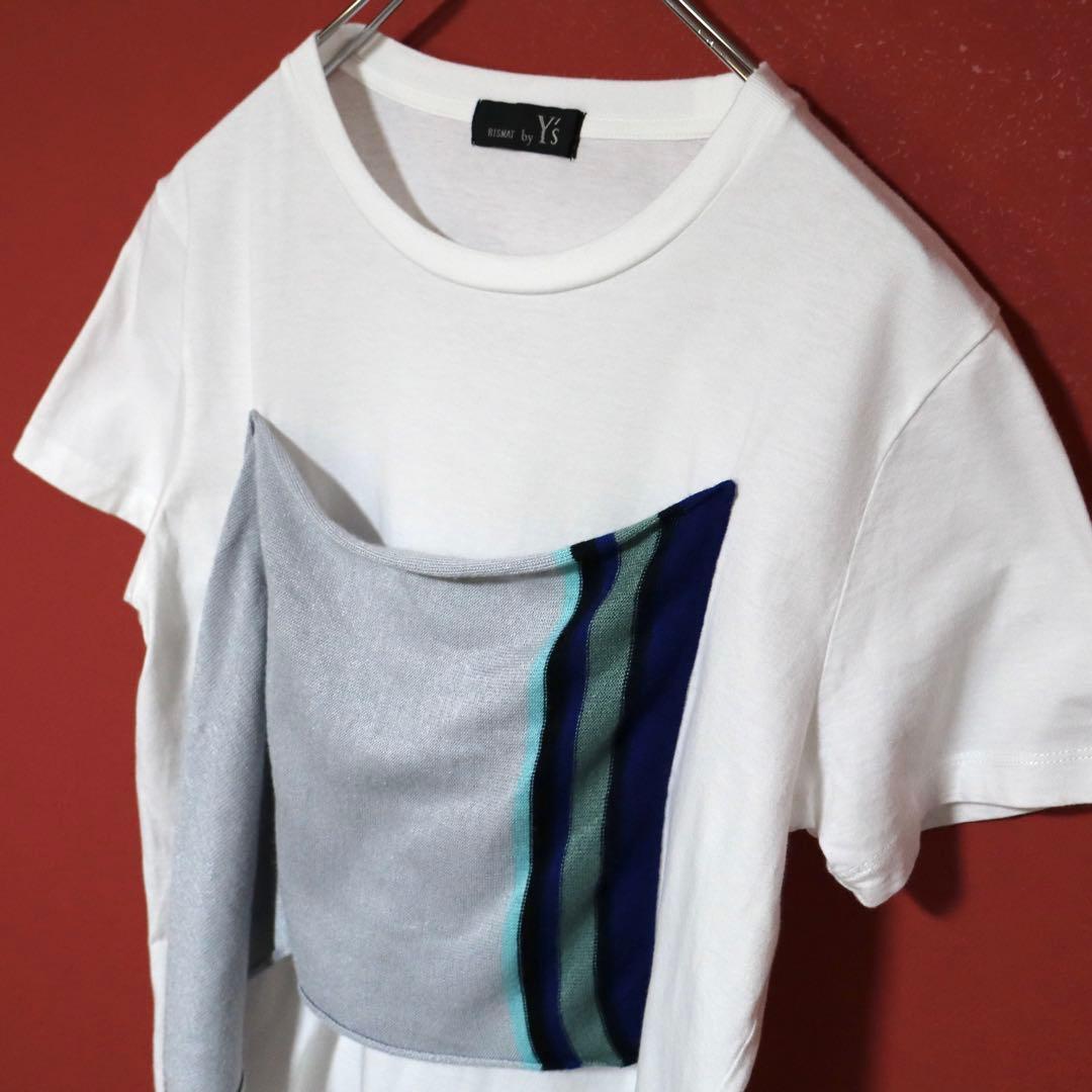 RISMAT by Y's White Knit Docking Asymmetrical T-Shirt Size 2