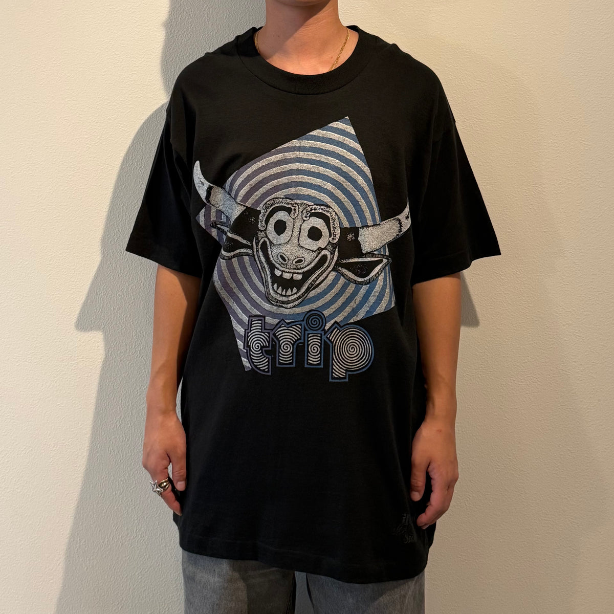 Vintage 90s Black Trip Smile Flock Print Cotton Size L