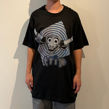 Vintage 90s Black Trip Smile Flock Print Cotton Size L