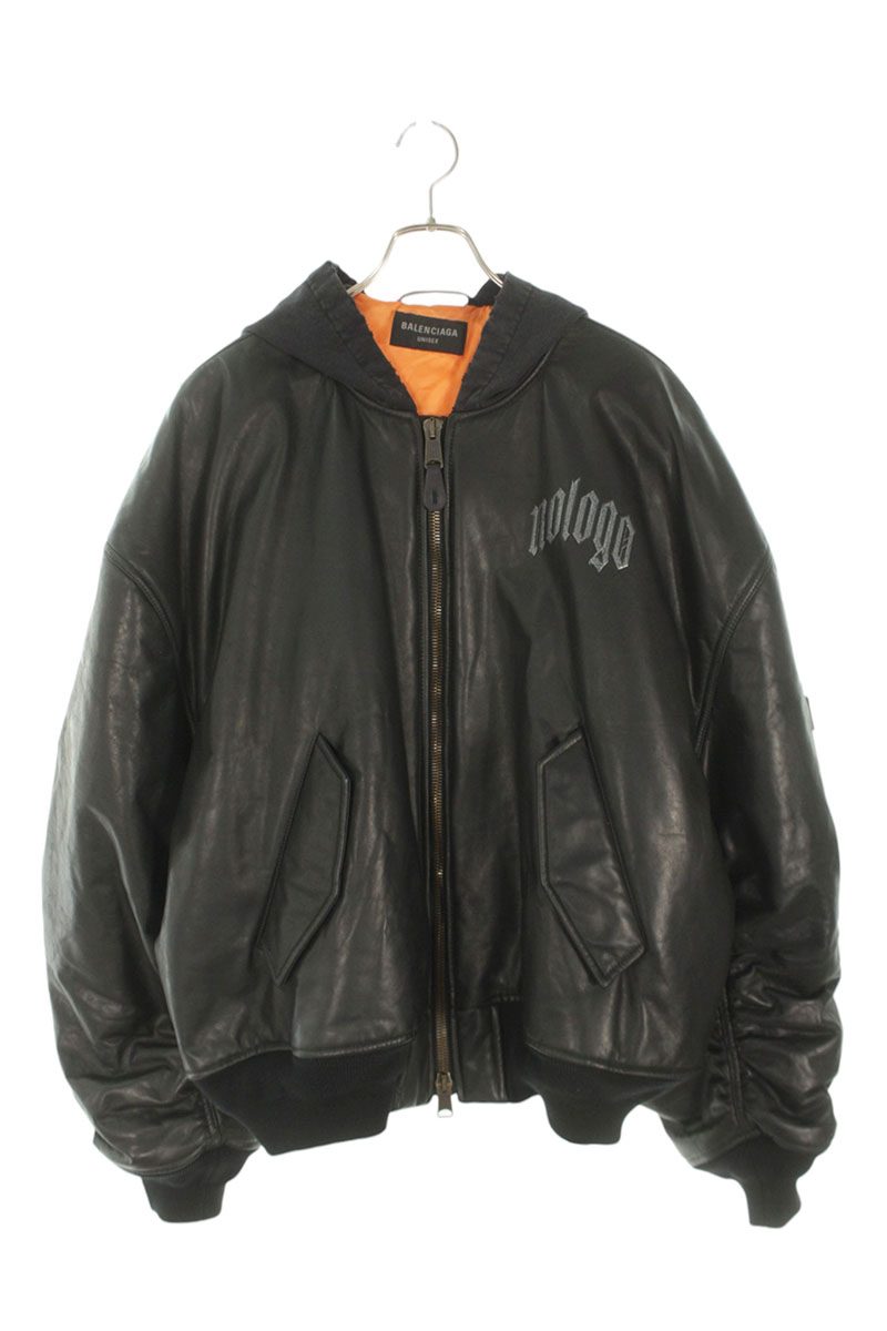 BALENCIAGA Nologo Print Hooded Leather Blouson Black Size M
