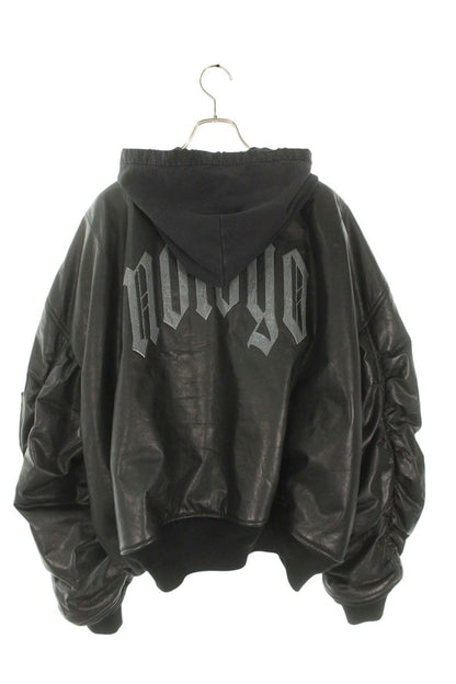 BALENCIAGA Nologo Print Hooded Leather Blouson Black Size M