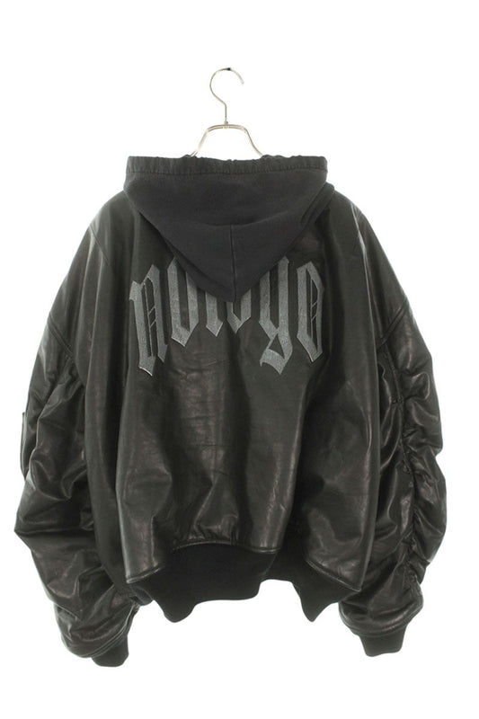 BALENCIAGA Nologo Print Hooded Leather Blouson Black Size M