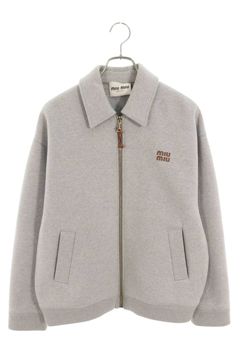 miumiu Logo Embroidered Zip-Up Sweat Blouson Gray Size 38