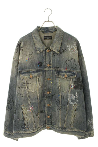 BALENCIAGA Distressed Graffiti Stone Denim Jacket Size 2