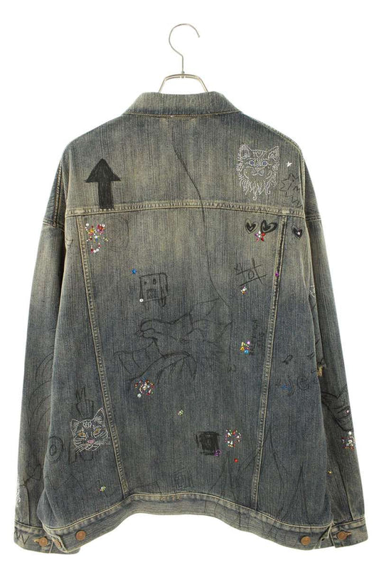 BALENCIAGA Distressed Graffiti Stone Denim Jacket Size 2