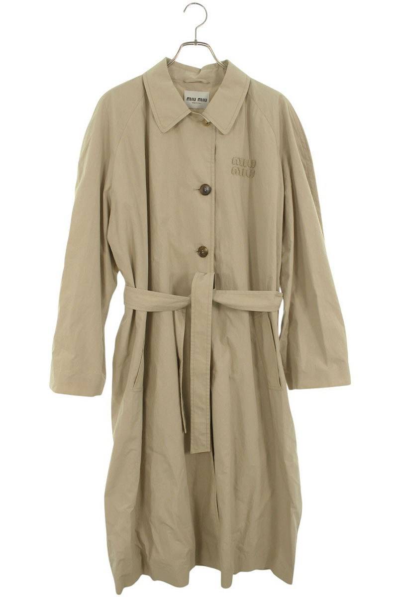 miumiu Belted Single-Breasted Poplin Coat Beige Size 38