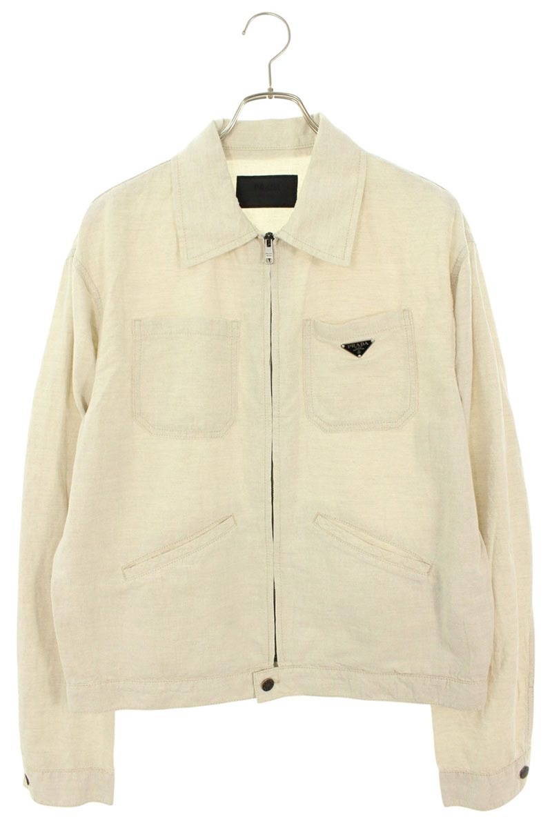 PRADA Triangle Logo Cotton Linen Zip Blouson Beige Size M