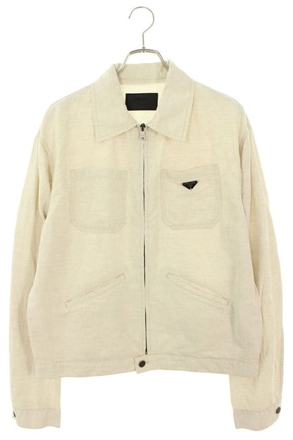 PRADA Triangle Logo Cotton Linen Zip Blouson Beige Size M