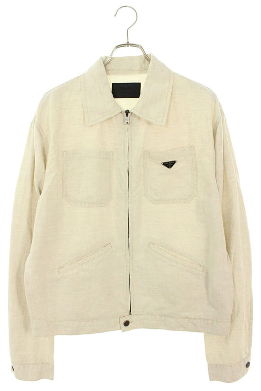 PRADA Triangle Logo Cotton Linen Zip Blouson Beige Size M