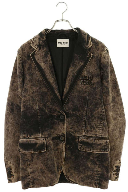 miumiu Logo Embroidered Bleached Denim Blazer Multi Size 38