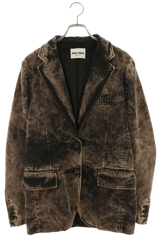 miumiu Logo Embroidered Bleached Denim Blazer Multi Size 38