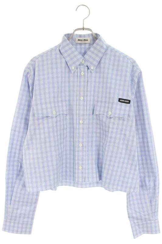miumiu 25SS Logo Check Cropped Long Sleeve Shirt Size XS