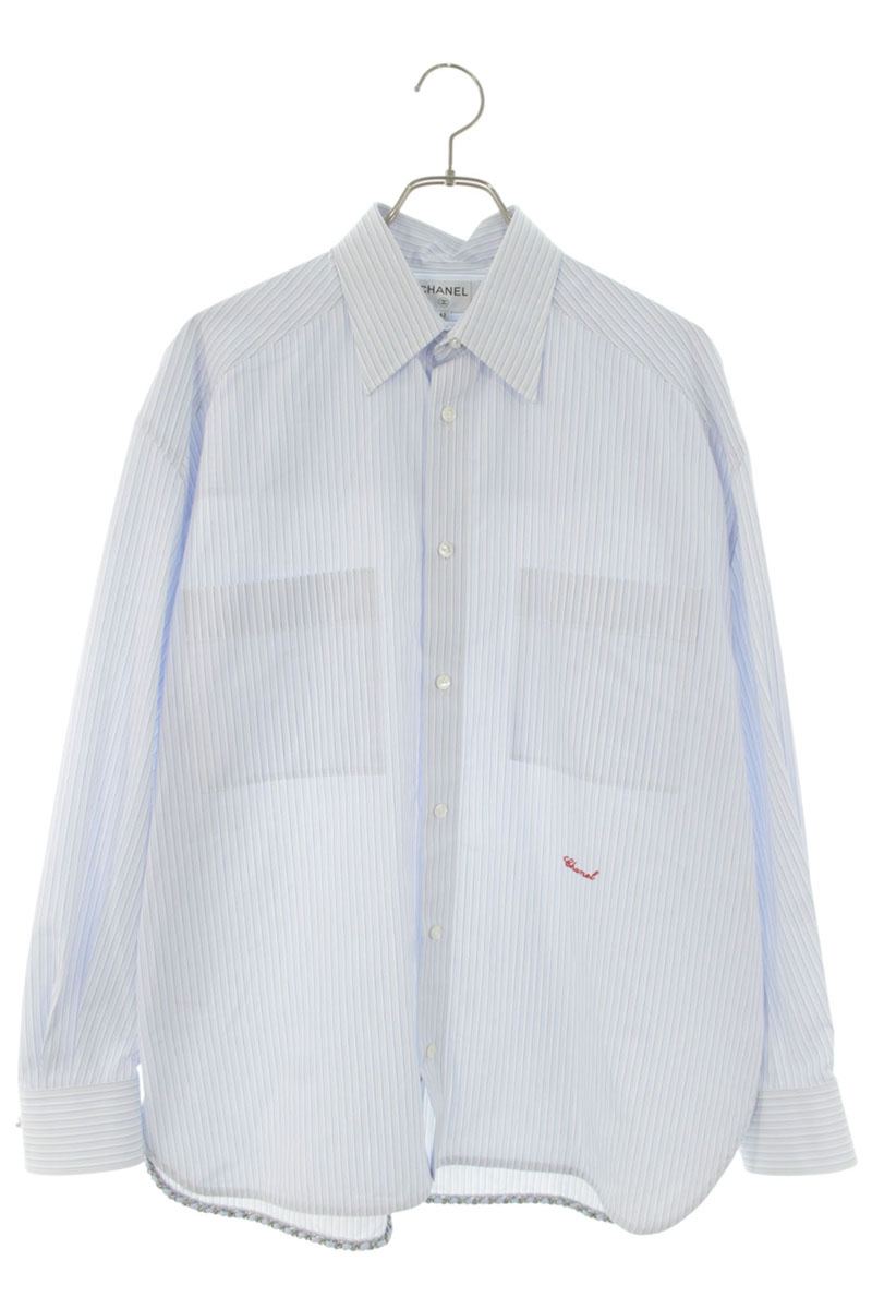 CHANEL 26SS Logo Chain Stripe Long Sleeve Shirt Light Blue Size XS