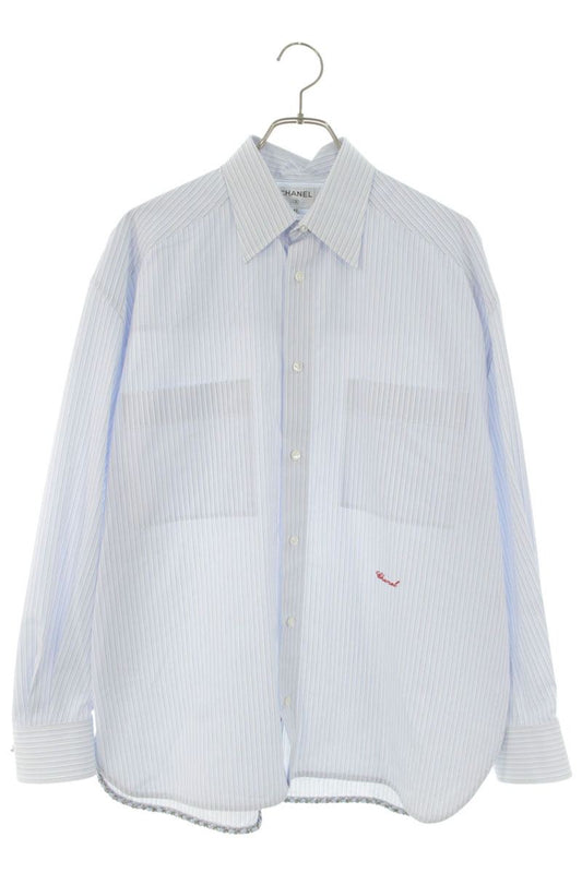 CHANEL 26SS Logo Chain Stripe Long Sleeve Shirt Light Blue Size XS
