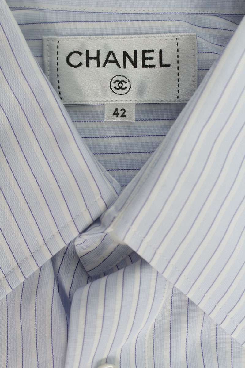 CHANEL 26SS Logo Chain Stripe Long Sleeve Shirt Light Blue Size XS