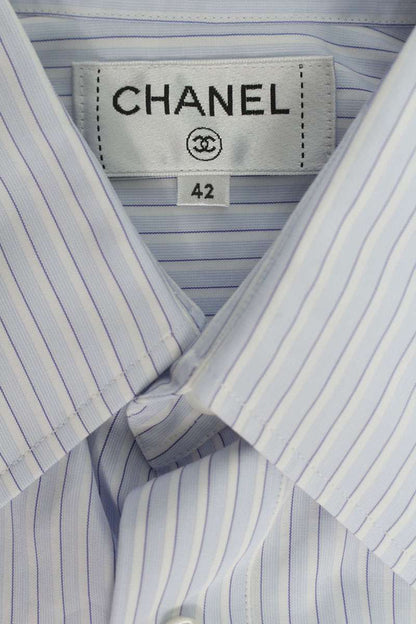 CHANEL 26SS Logo Chain Stripe Long Sleeve Shirt Light Blue Size XS