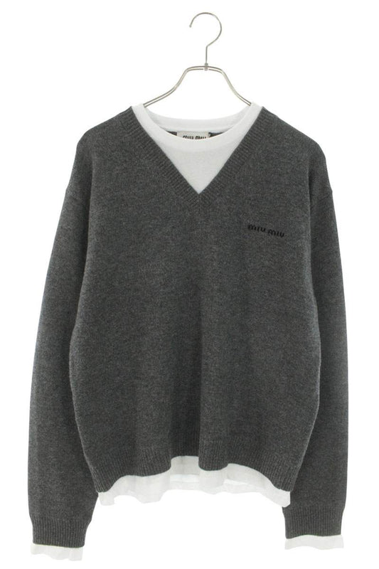 miumiu 25AW Logo Embroidered Layered V-Neck Knit Size S