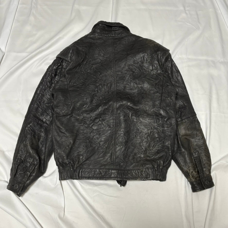 Black Wrinkled Diagonal Zip Leather Jacket Free Size