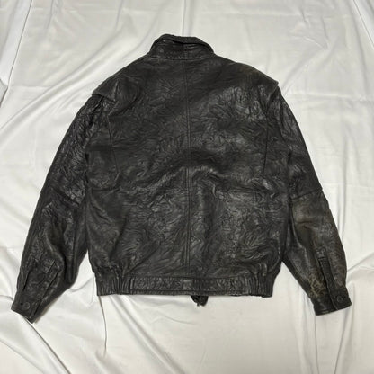 Black Wrinkled Diagonal Zip Leather Jacket Free Size