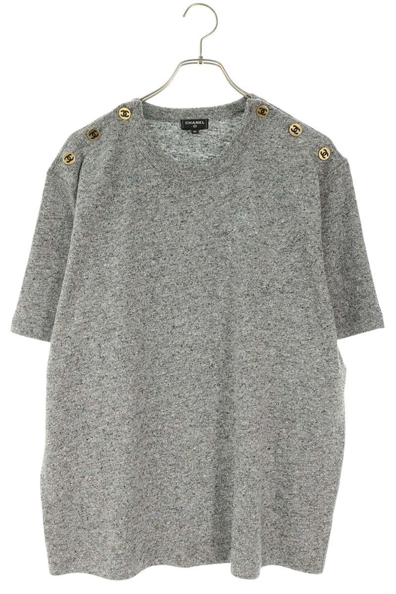 CHANEL 26AW Coco Mark Knit T-Shirt Gray Silk Blend Size 46