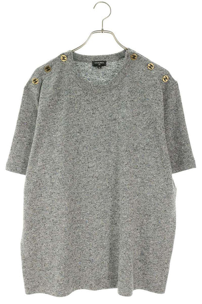 CHANEL 26AW Coco Mark Knit T-Shirt Gray Silk Blend Size 46