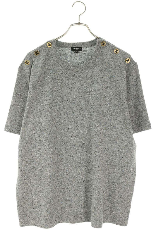 CHANEL 26AW Coco Mark Knit T-Shirt Gray Silk Blend Size 46