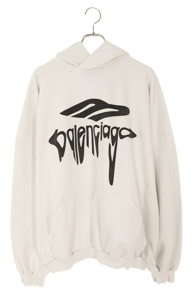 BALENCIAGA 25SS Distressed Logo Pullover Hoodie Gray Size S