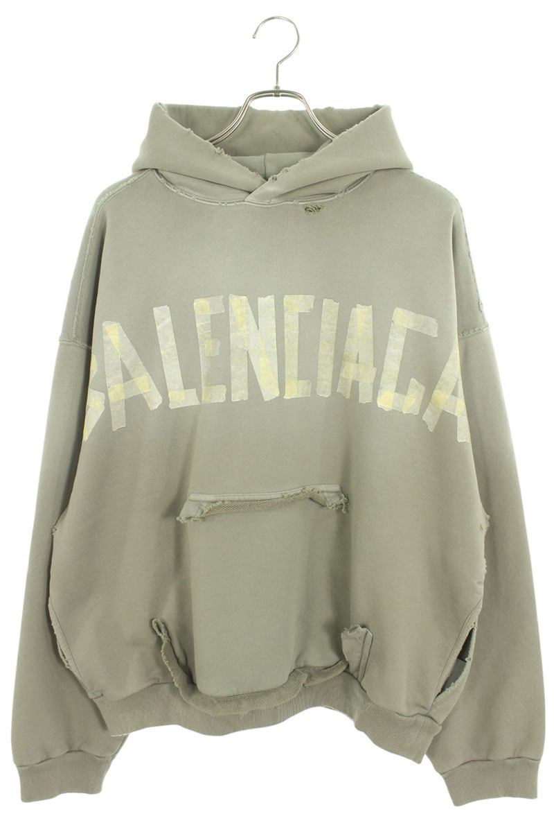 BALENCIAGA 25SS Tape Logo Distressed Hoodie Green Size S