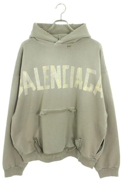 BALENCIAGA 25SS Tape Logo Distressed Hoodie Green Size S