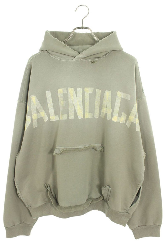 BALENCIAGA 25SS Tape Logo Distressed Hoodie Green Size S