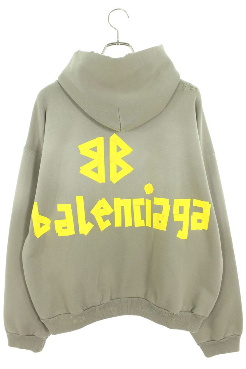 BALENCIAGA 25SS Tape Logo Distressed Hoodie Green Size S