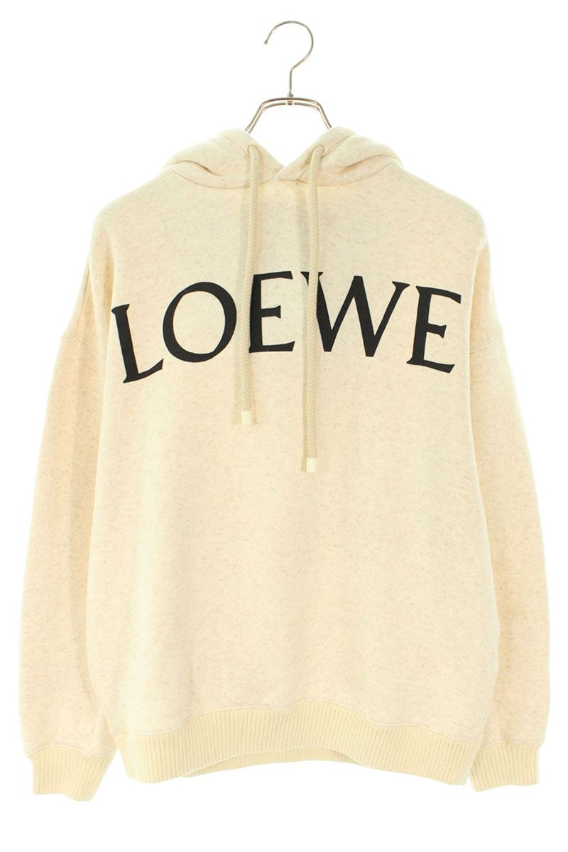 LOEWE Logo Print Pullover Hoodie Cotton Blend Beige Size XS