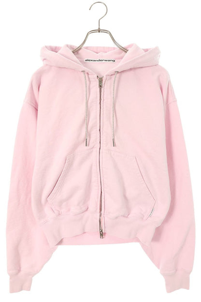 ALEXANDER WANG Pink Cotton Zip-Up Cropped Hoodie Size S