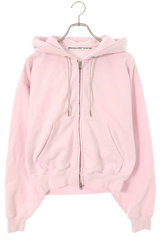 ALEXANDER WANG Pink Cotton Zip-Up Cropped Hoodie Size S