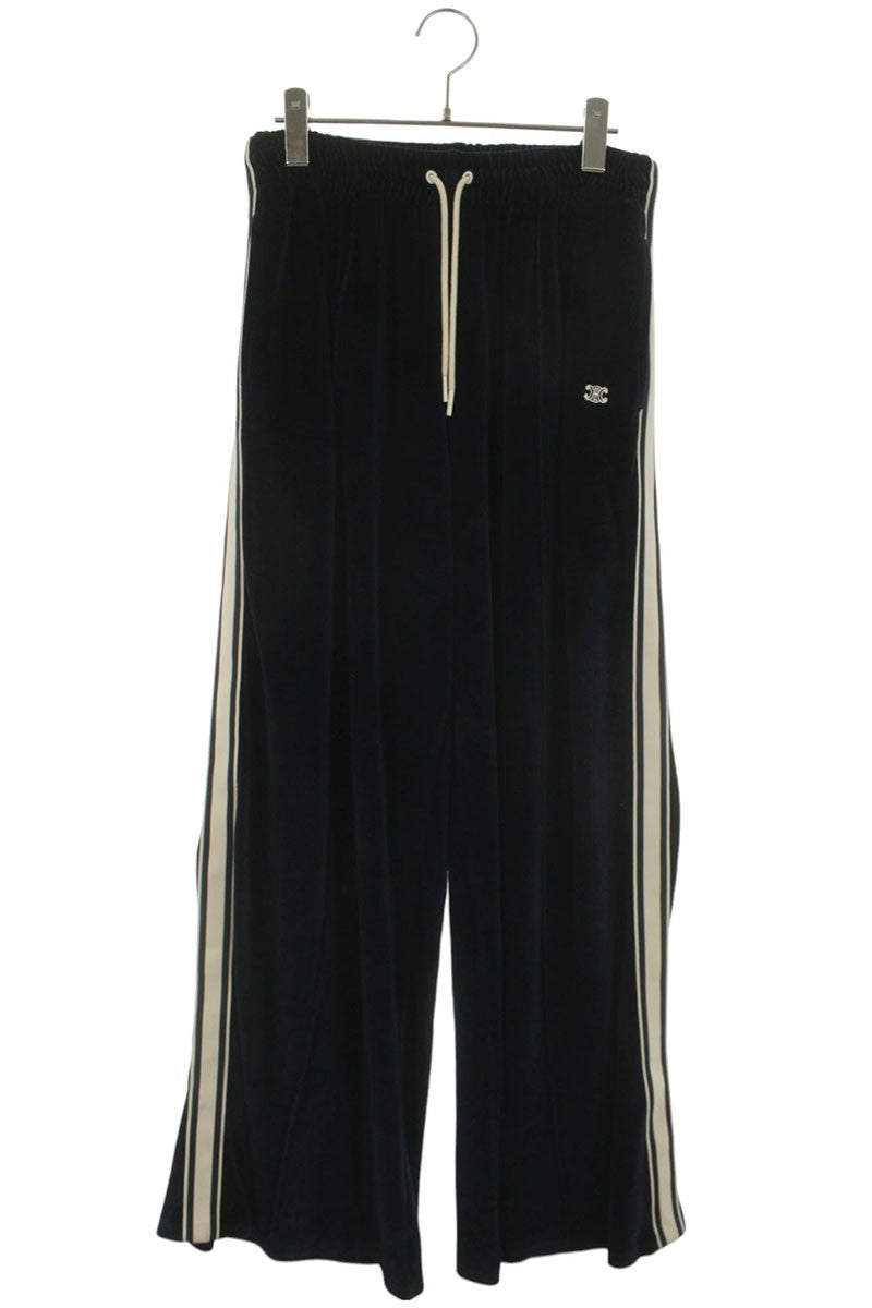 CELINE Triomphe Embroidered Velvet Wide Pants Blue Size M