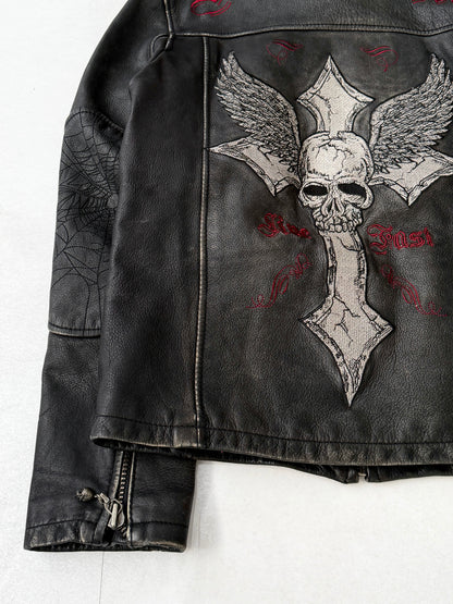 Affliction Skull Design Lambskin Leather Jacket Size M