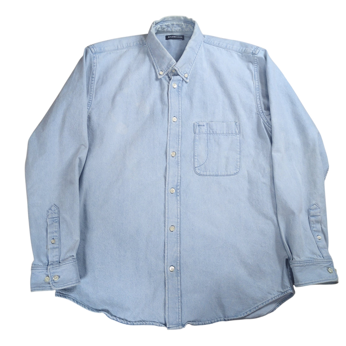 BALENCIAGA Logo Printed Washed Denim Shirt Blue Size 32