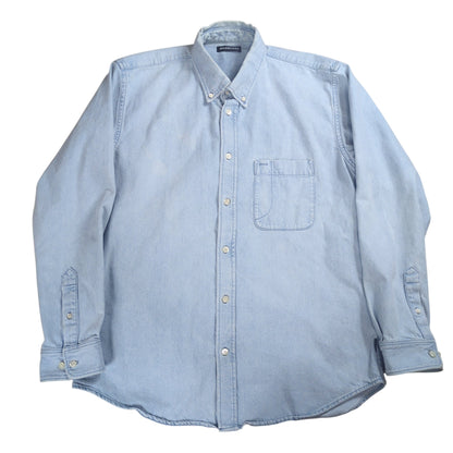 BALENCIAGA Logo Printed Washed Denim Shirt Blue Size 32