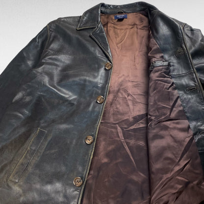 BROOKS SPORT Open Collar Leather Coat Brown Size L