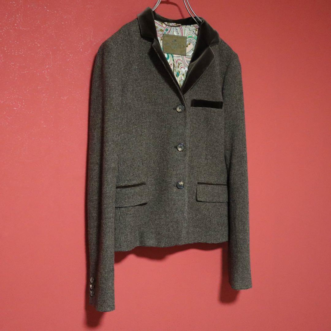 ETRO 90s Italian Houndstooth Velour Trim Jacket Size 44
