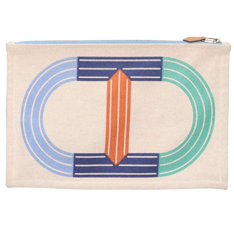 HERMES MAILLON MARIN Cotton Pouch Beige Blue Size GM