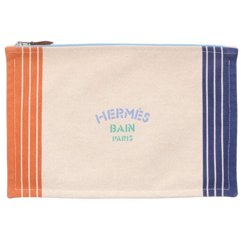 HERMES MAILLON MARIN Cotton Pouch Beige Blue Size GM