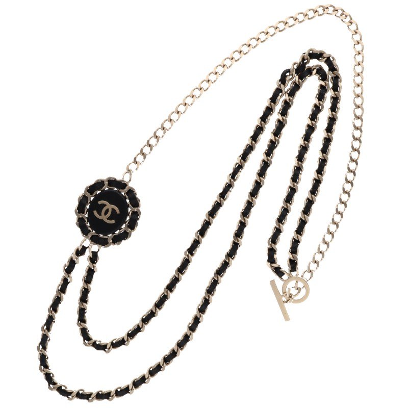 CHANEL Leather & Chain Link Necklace Size ONE SIZE